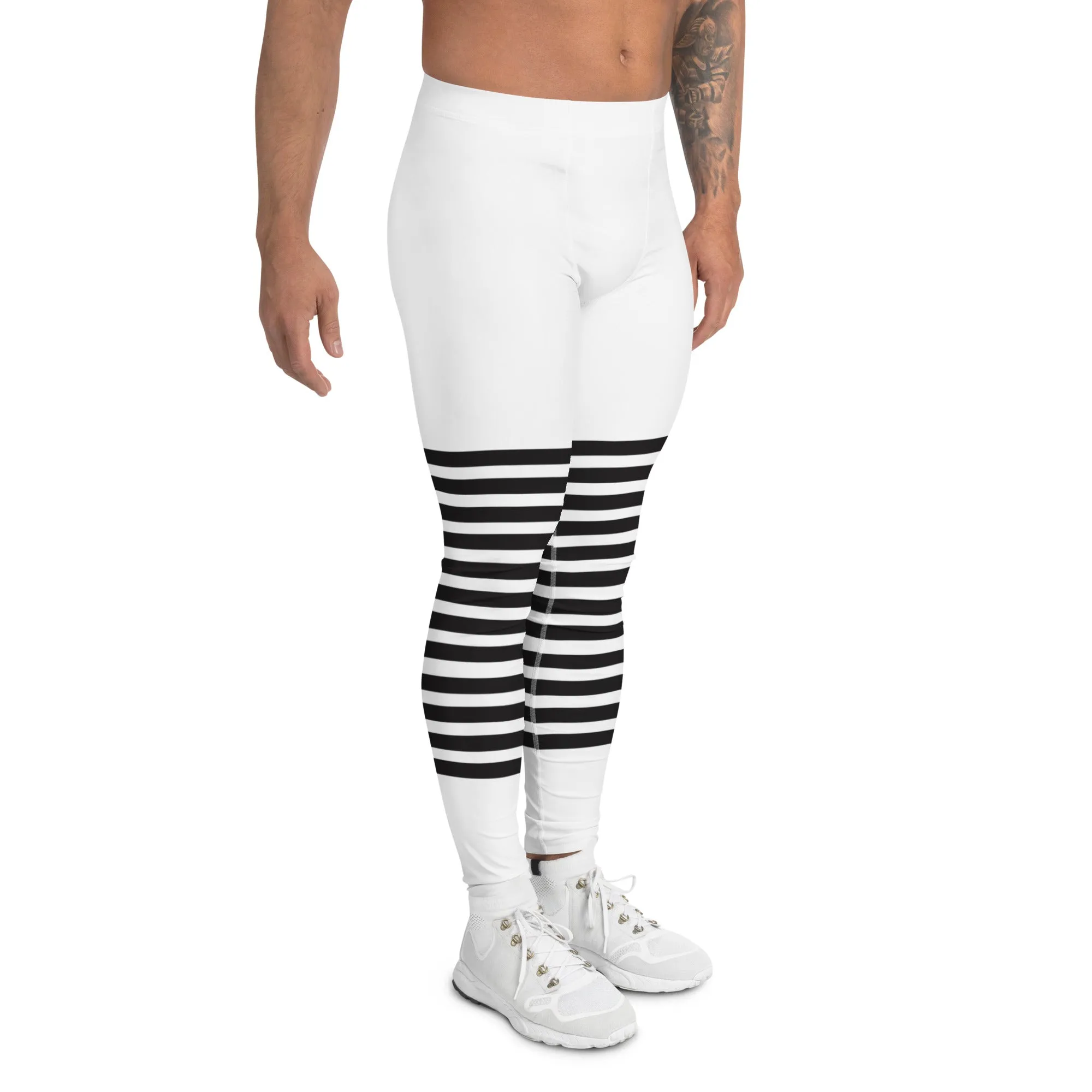 White Black Horizontal Striped Meggings, Best Horizontally Striped Men's Leggings For Men - Made in USA/EU/MX