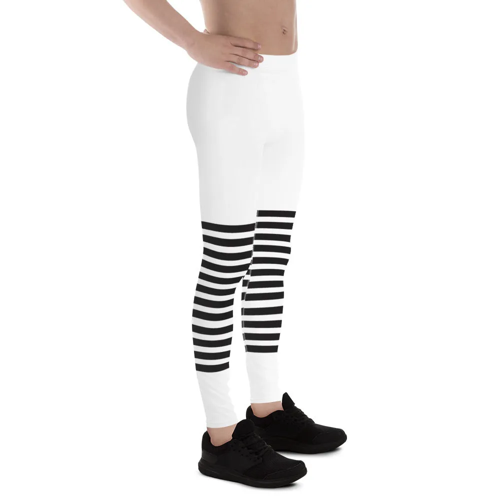 White Black Horizontal Striped Meggings, Best Horizontally Striped Men's Leggings For Men - Made in USA/EU/MX