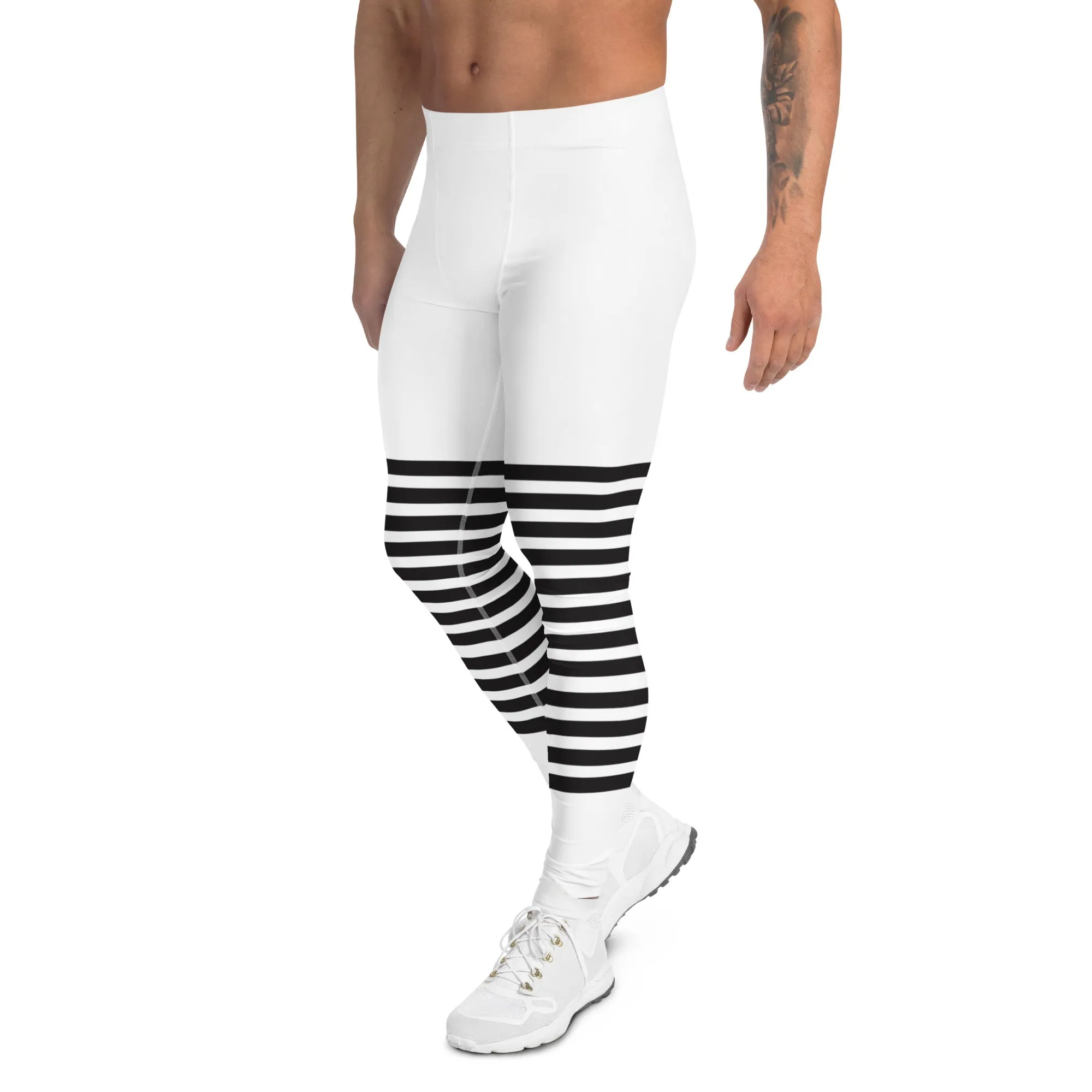 White Black Horizontal Striped Meggings, Best Horizontally Striped Men's Leggings For Men - Made in USA/EU/MX