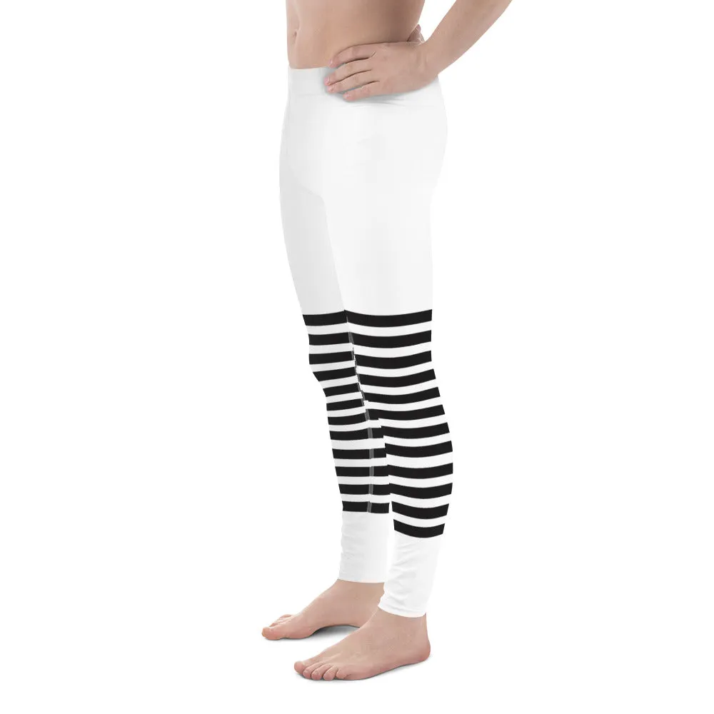 White Black Horizontal Striped Meggings, Best Horizontally Striped Men's Leggings For Men - Made in USA/EU/MX