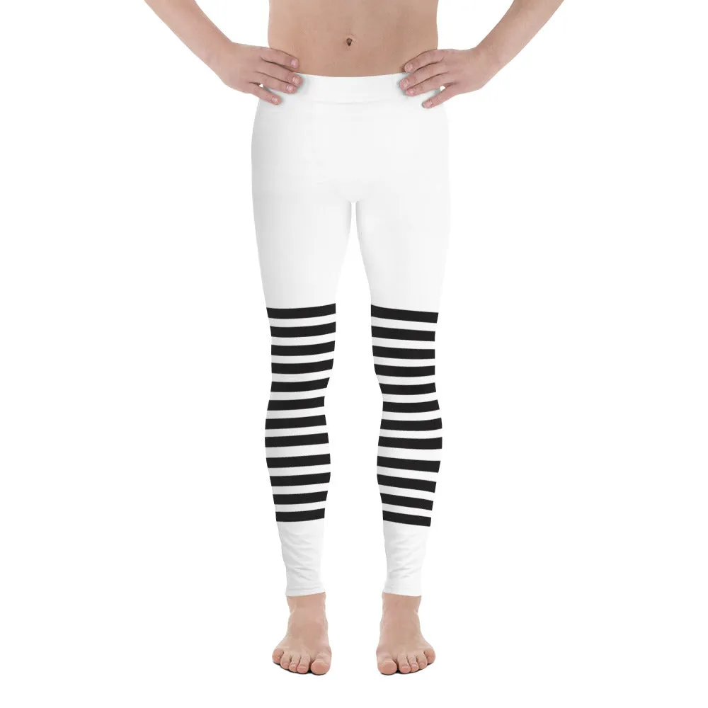 White Black Horizontal Striped Meggings, Best Horizontally Striped Men's Leggings For Men - Made in USA/EU/MX