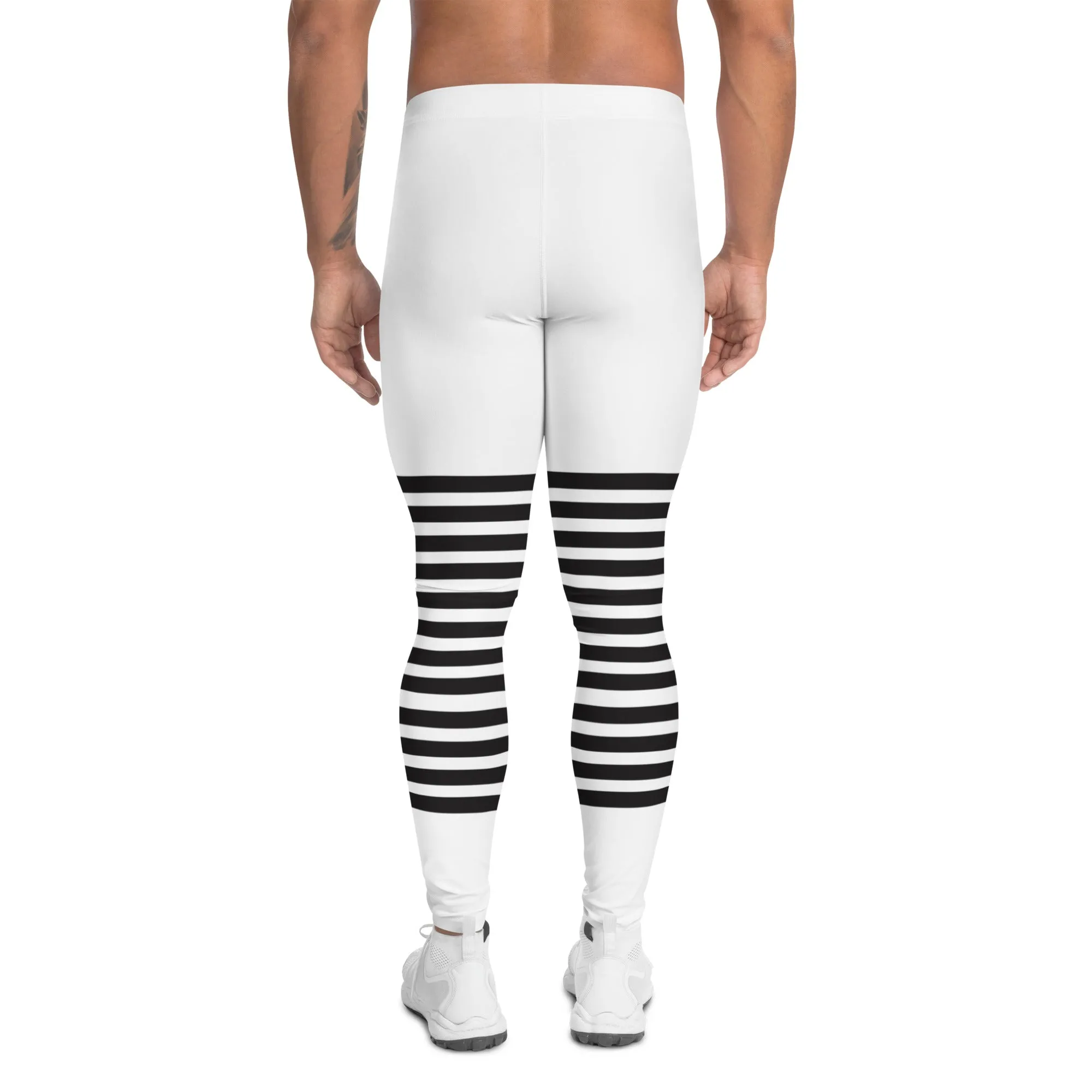 White Black Horizontal Striped Meggings, Best Horizontally Striped Men's Leggings For Men - Made in USA/EU/MX