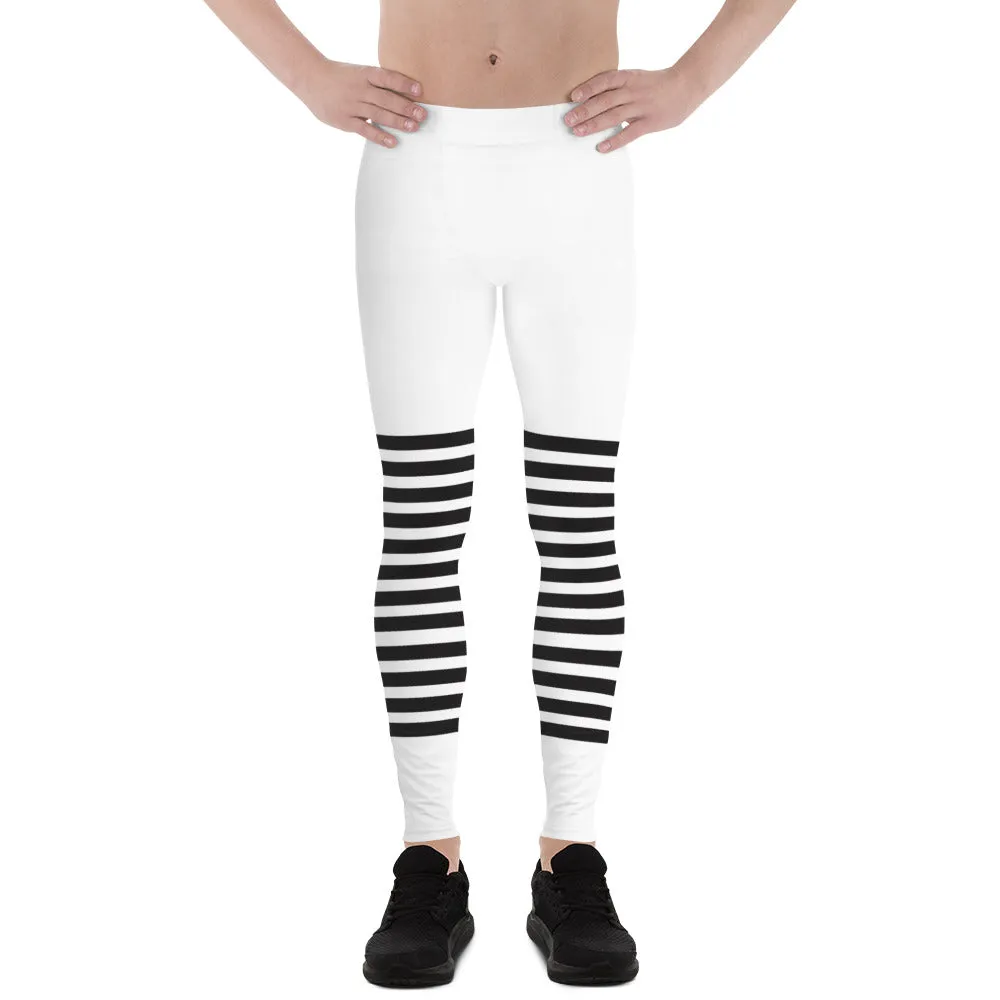 White Black Horizontal Striped Meggings, Best Horizontally Striped Men's Leggings For Men - Made in USA/EU/MX