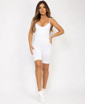 White Sculpting Ribbed Waist Structured Unitard Playsuit