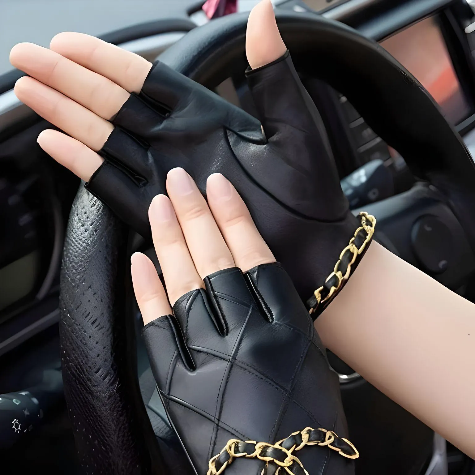 Women's Genuine Leather Half Finger Gloves Touch Screen Gloves Women Soft Leather Gloves Motorcycle Biker Fashio