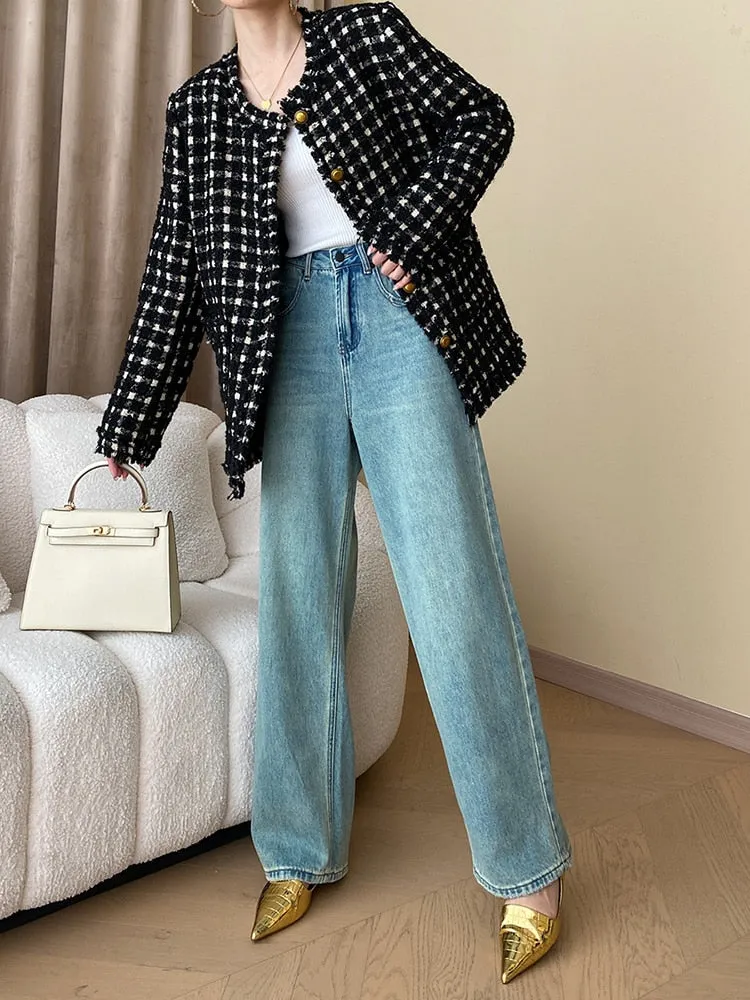 Woven Tweed Houndstooth Coats For Women Round Neck Long Sleeve Single Breasted Spliced Tassel Coat Female Fashion