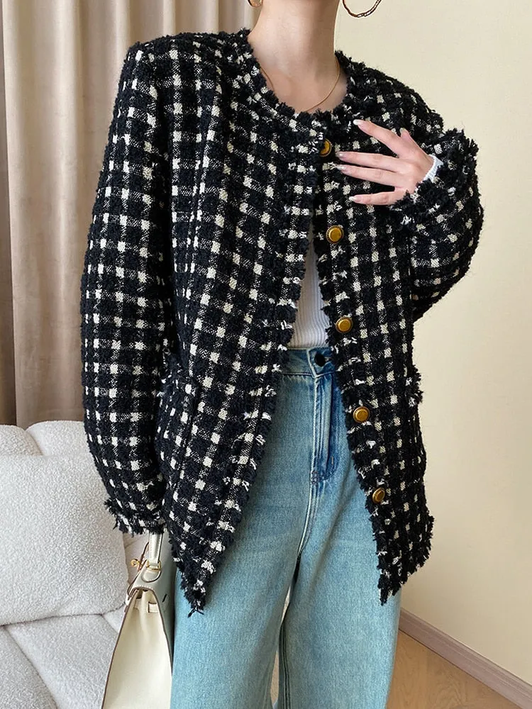 Woven Tweed Houndstooth Coats For Women Round Neck Long Sleeve Single Breasted Spliced Tassel Coat Female Fashion